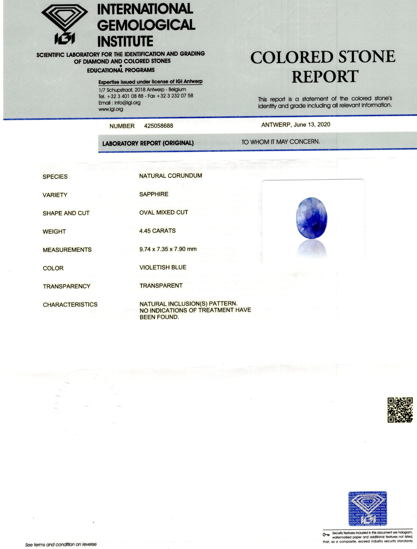 Kashmir Blue Sapphire (Neelam) 4.45 Carats