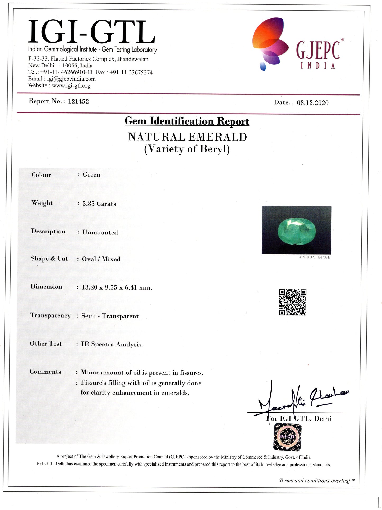 Minor Oil Natural Zambian Emerald (Panna) 5.85 Carats
