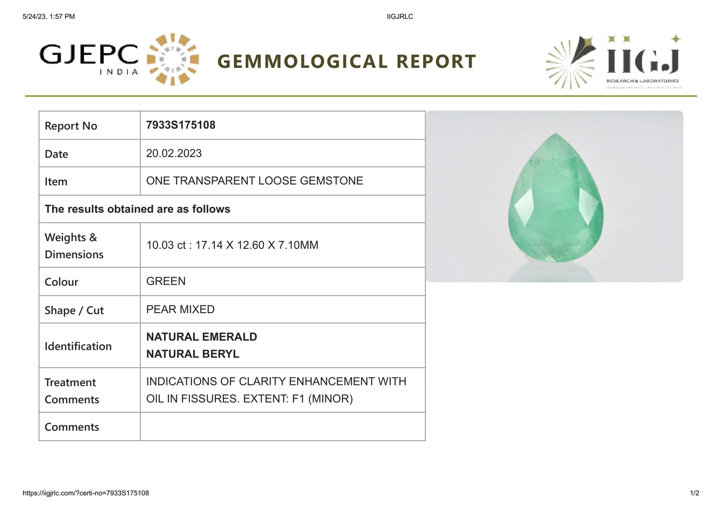 Minor Oil Natural Zambian Emerald (Panna) 10.03 Carats
