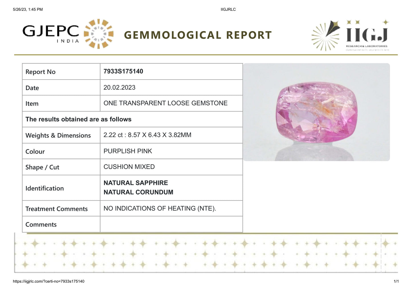 Natural Pink Sapphire 2.22 Carats
