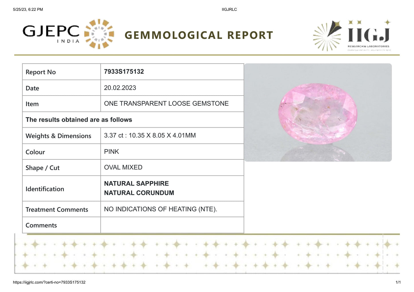 Natural Pink Sapphire 3.37 Carats