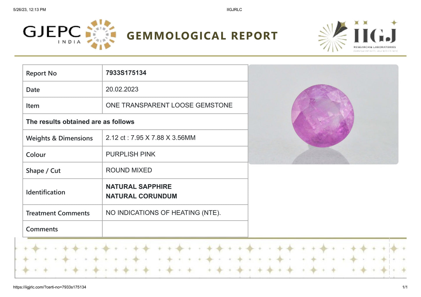 Natural Pink Sapphire 2.12 Carats