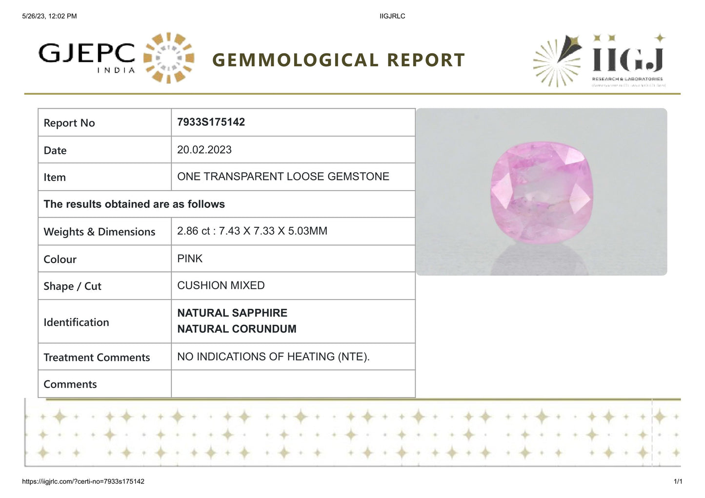 Natural Pink Sapphire 2.86 Carats