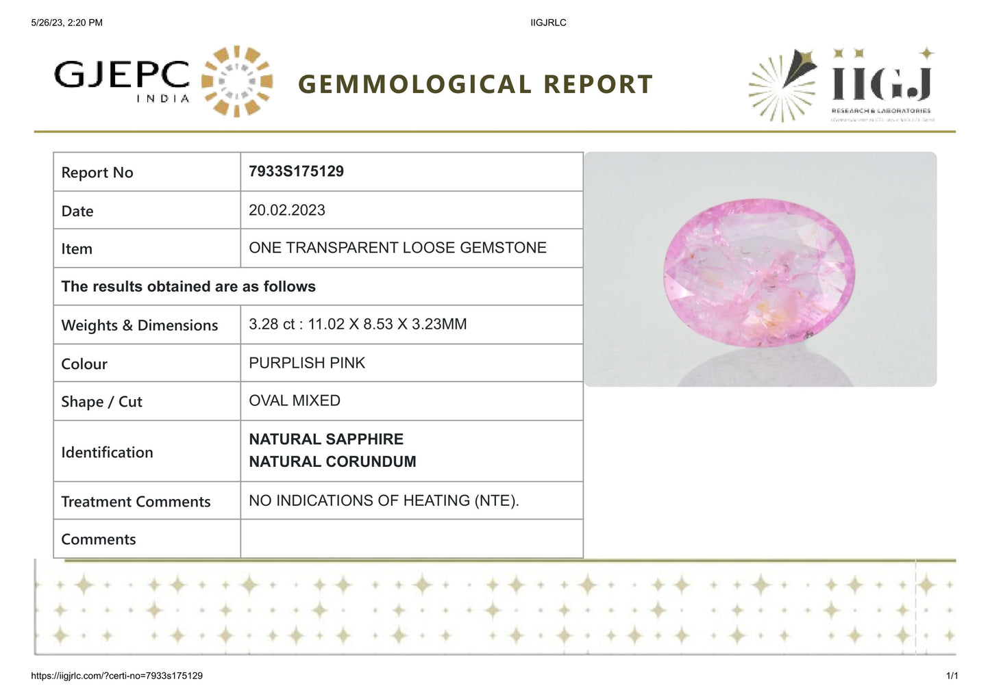 Natural Pink Sapphire 3.28 Carats