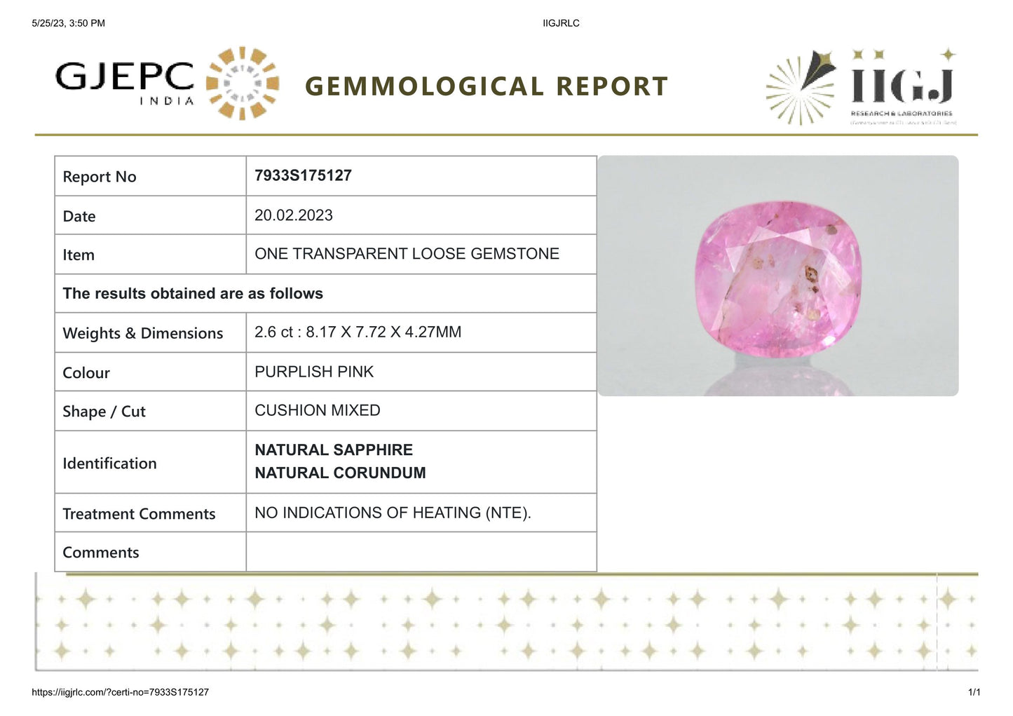 NATURAL PINK SAPPHIRE 2.60 CARATS