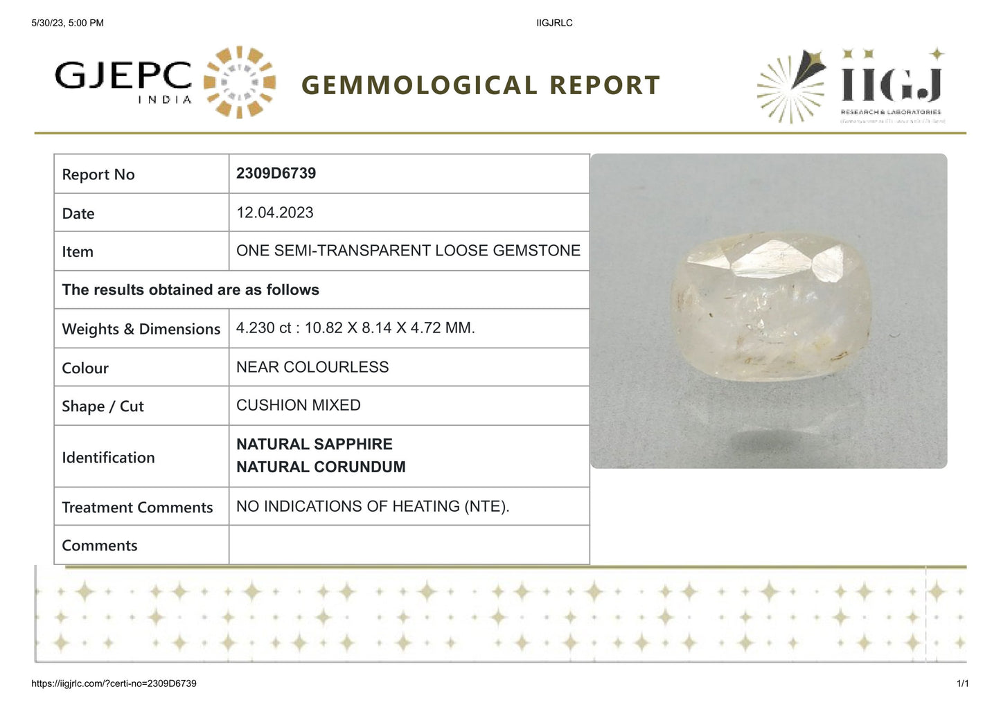 Natural White Sapphire 4.23 Carats