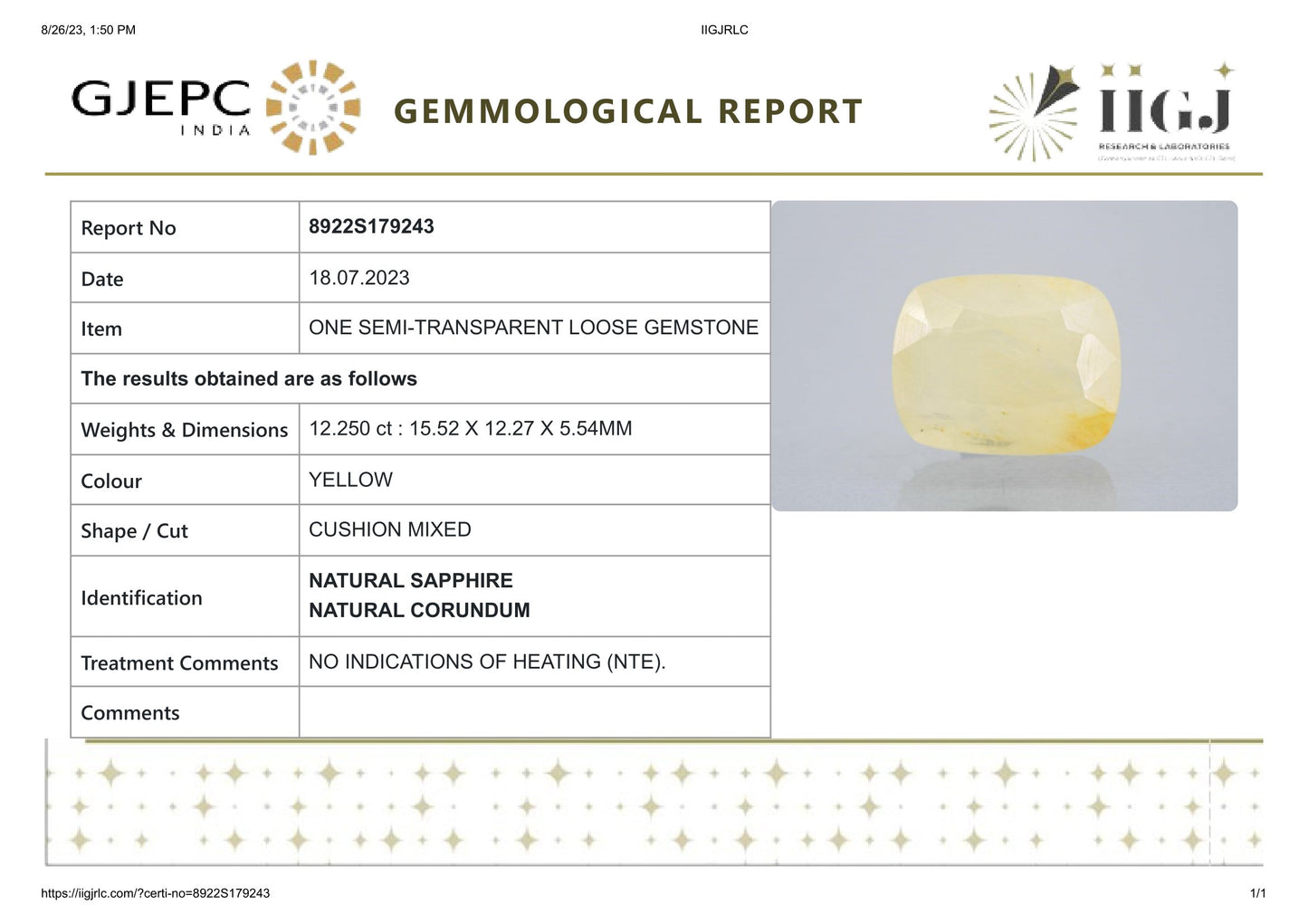 Natural Yellow Sapphire (Pukhraj) 12.25 Carats