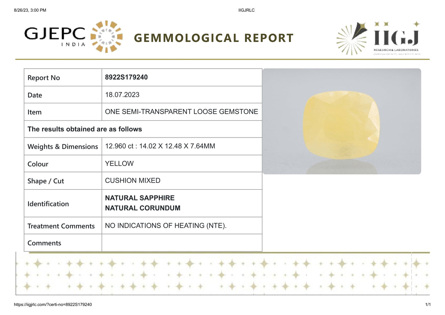 Natural Yellow Sapphire (Pukhraj) 12.96 Carats
