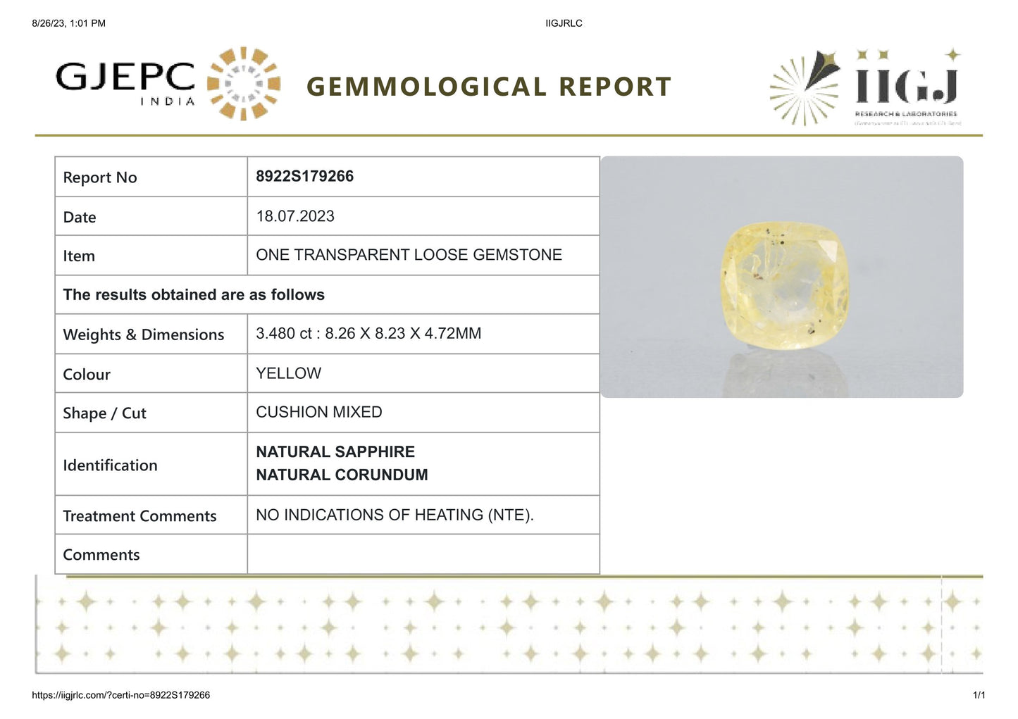 NATURAL YELLOW SAPPHIRE (PUKHRAJ) 3.48 CARATS