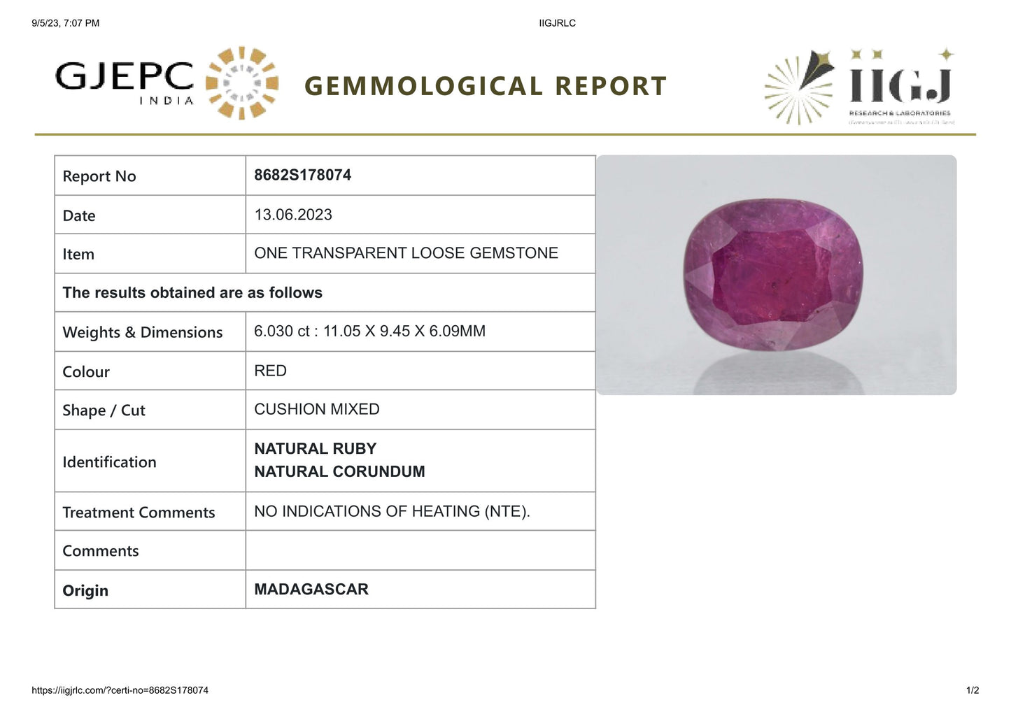 Natural Madagascar Ruby (Manik) 6.03 Carats