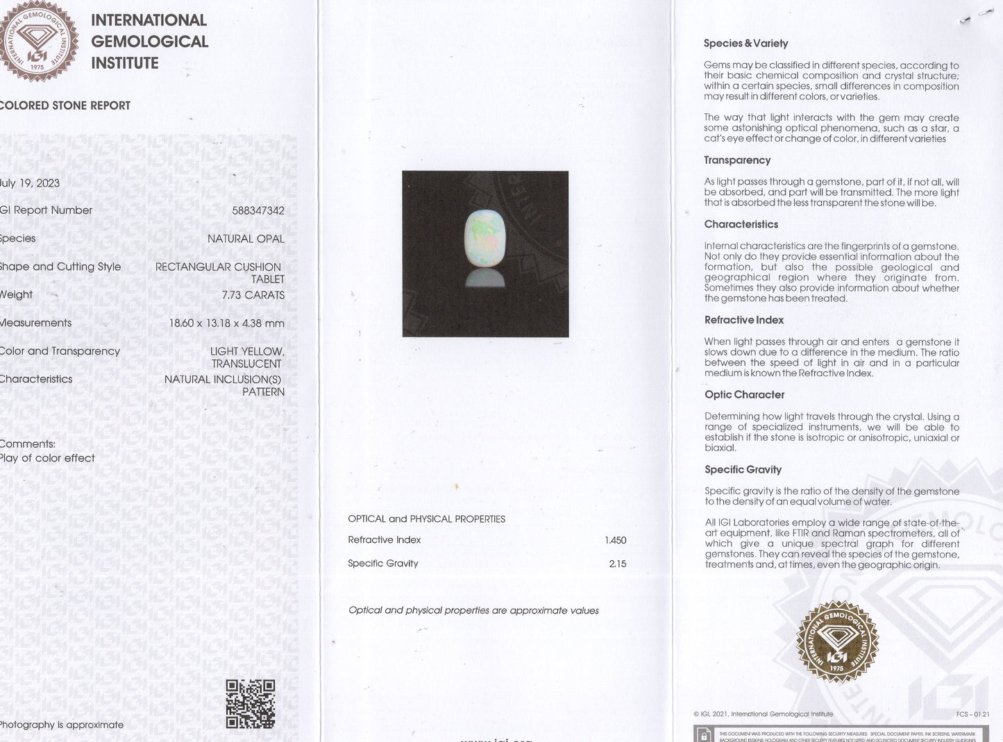 Natural Australian White Fire Opal 7.73 Carats