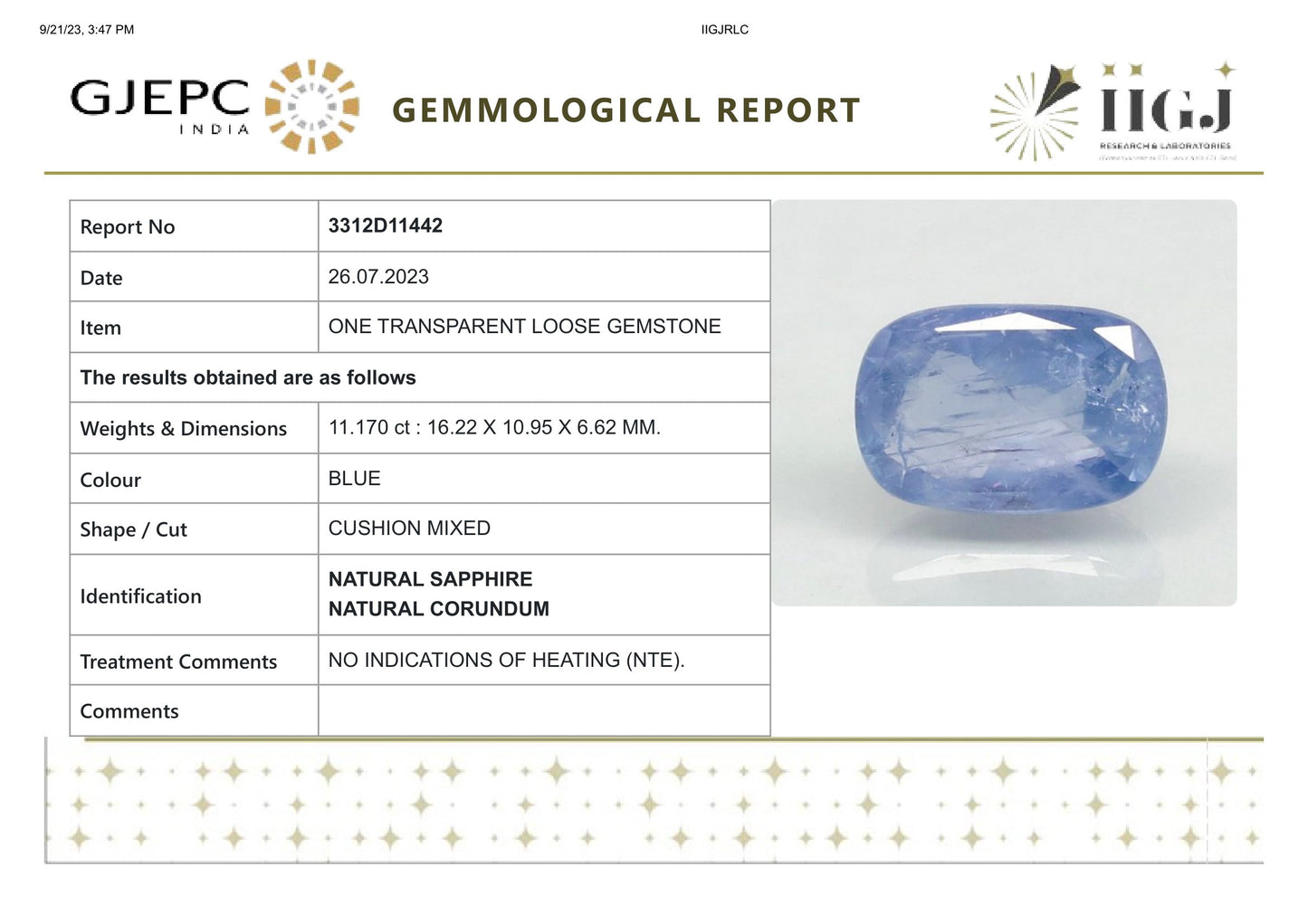 Natural Blue Sapphire (Neelam) 11.17 Carats