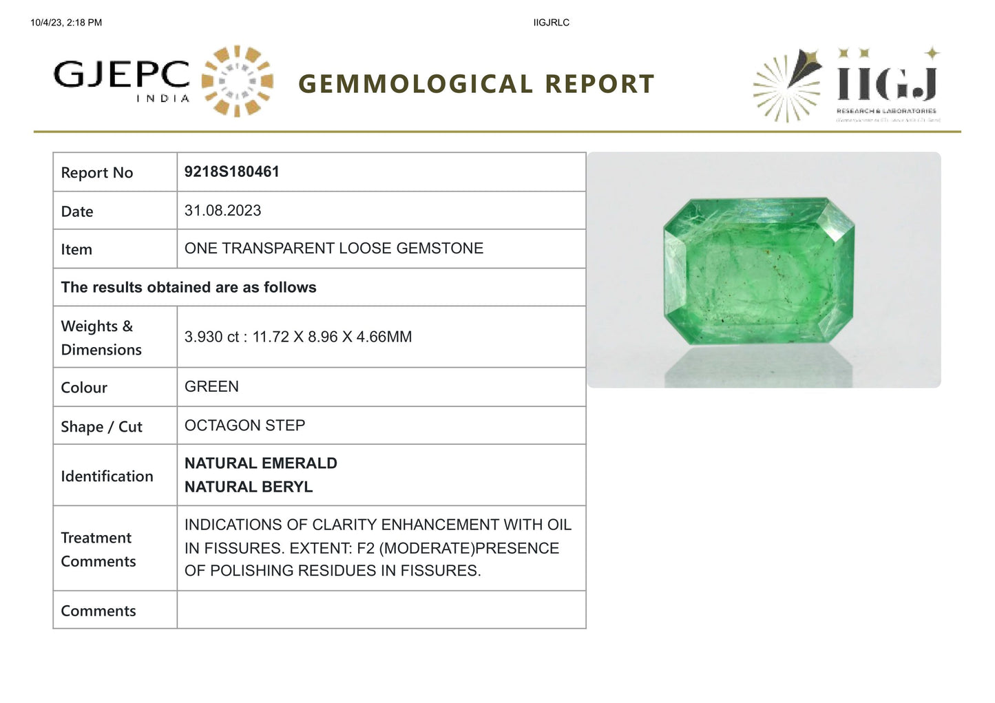 Natural Zambian Emerald (Panna) 3.93 Carats
