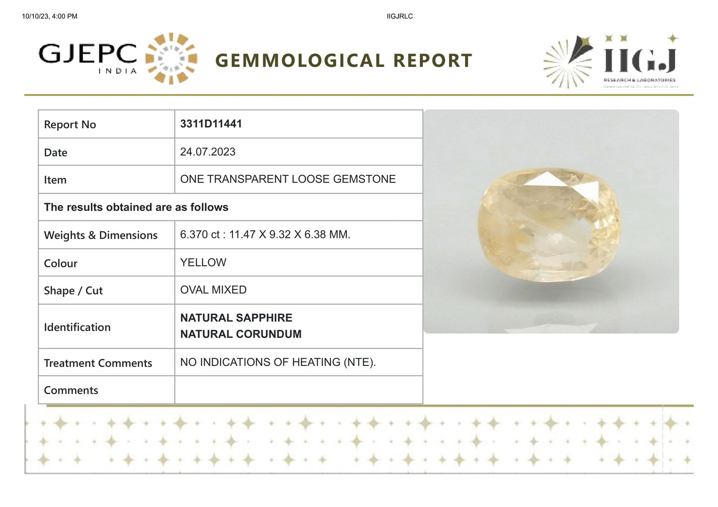 Natural Yellow Sapphire (Pukhraj) 6.37 Carats
