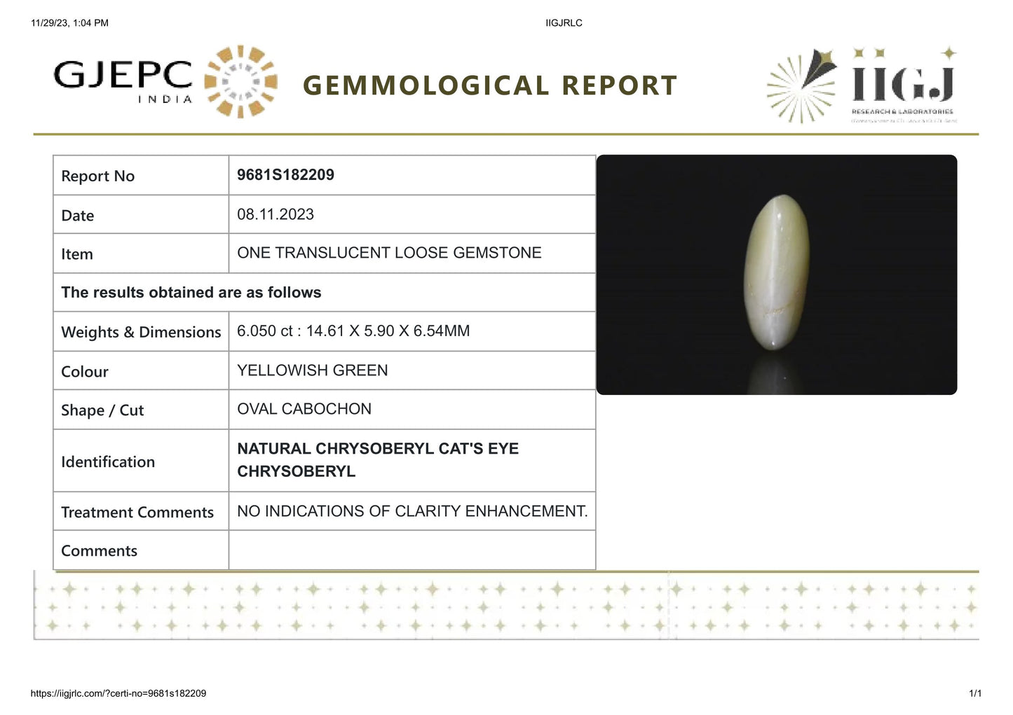 Natural Cat'S Eye (Lehsuniya) 6.05 Carats