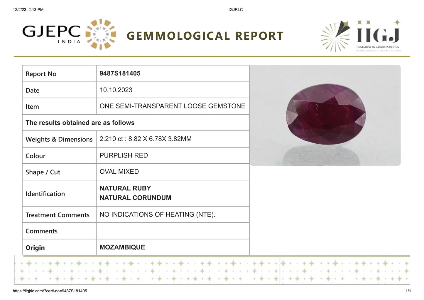 Natural Mozambique Ruby (Manik) 2.21 Carats