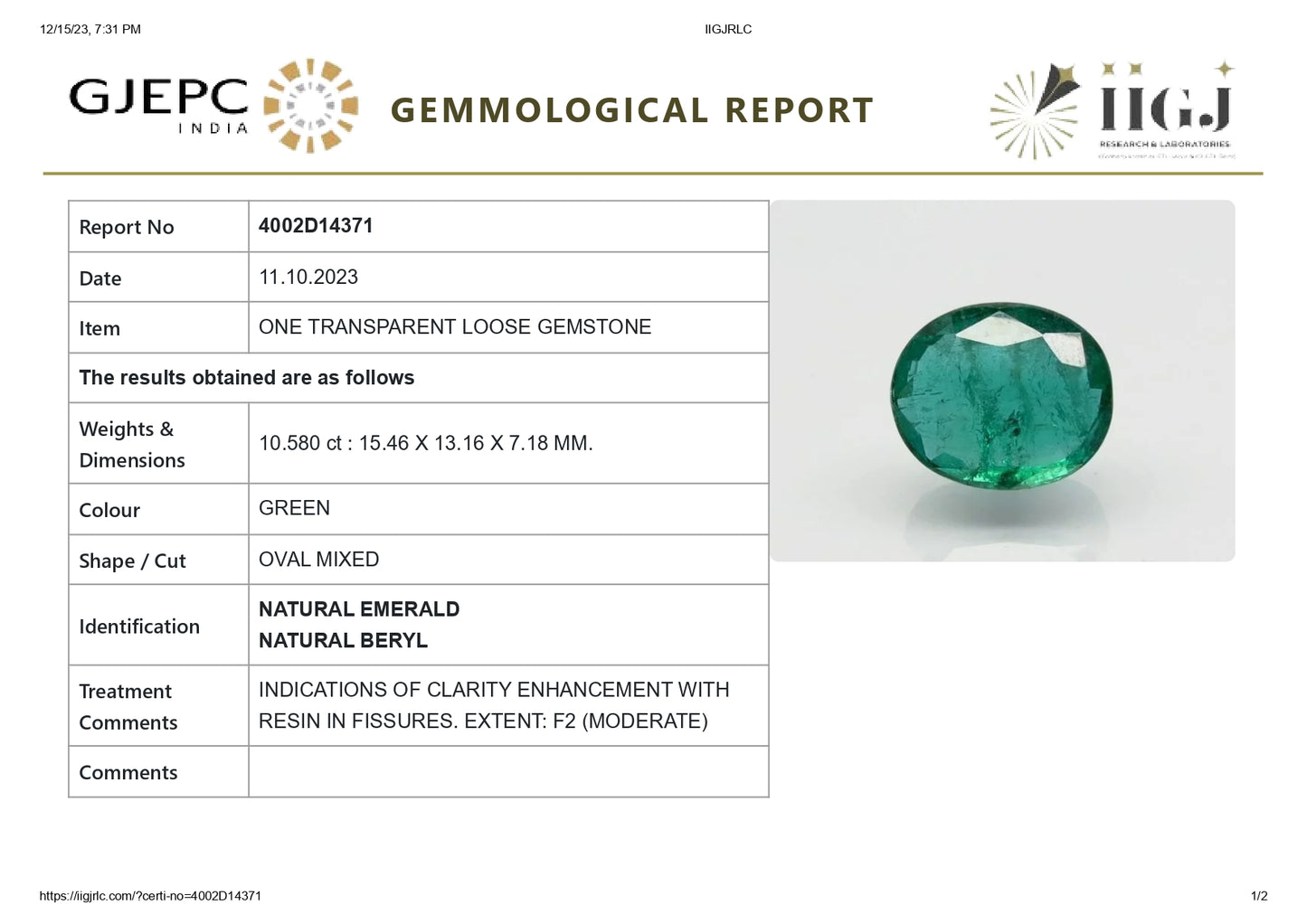 Zambian Emerald (Panna) 10.58 Carats