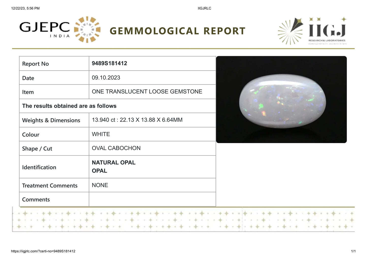 Natural Australian White Fire Opal 13.94 Carat