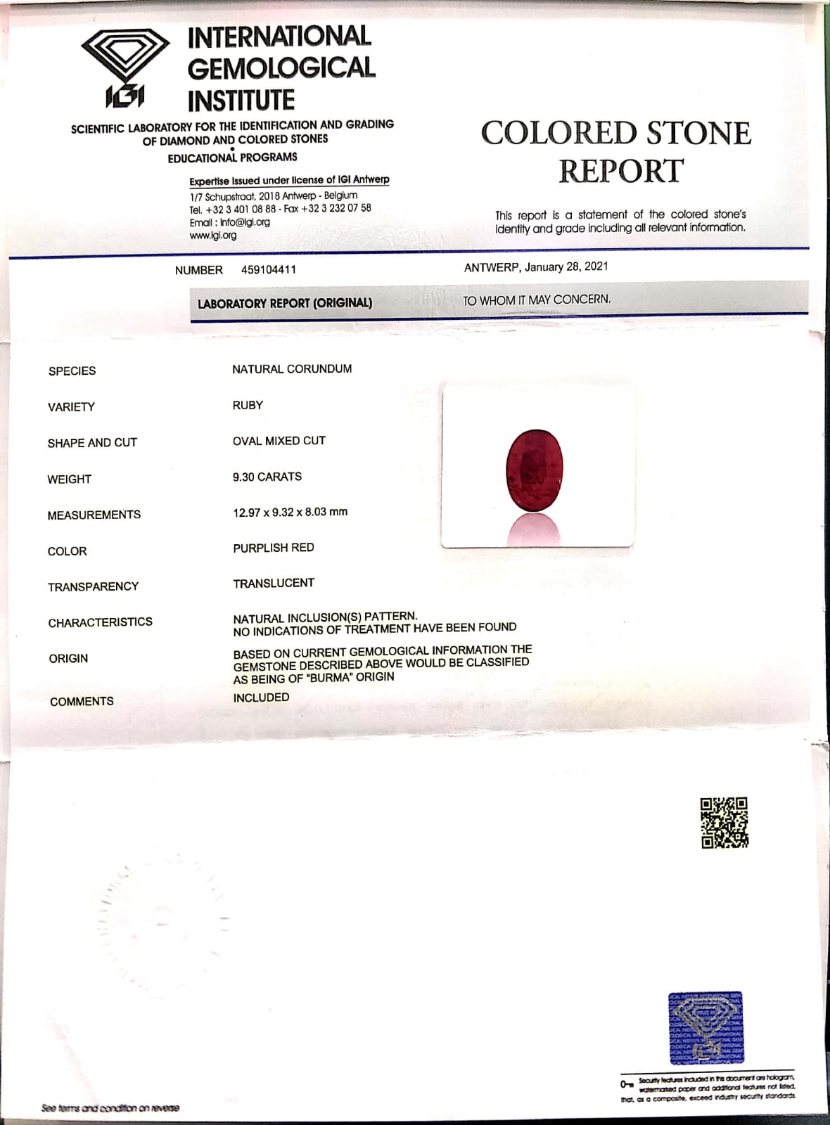 Burmese Ruby (Manik) 9.30 Carats