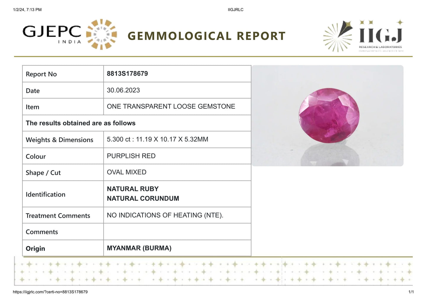 Burmese Ruby (Manik) 5.30 Carats