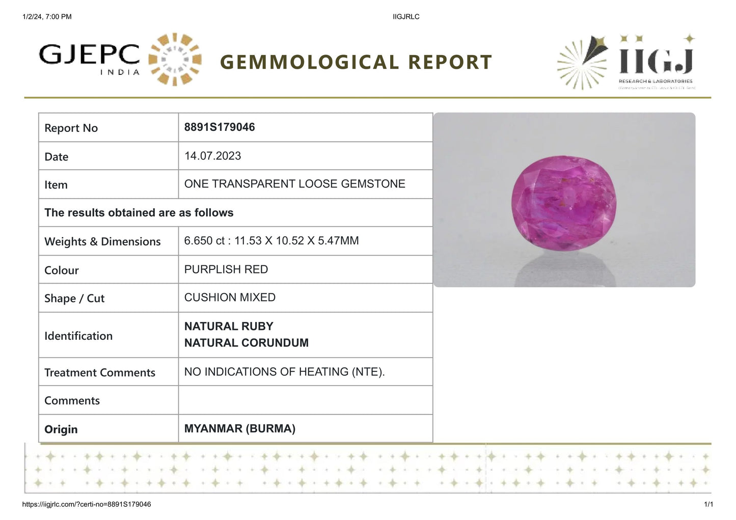 Burmese Ruby (Manik) 6.65 Carats