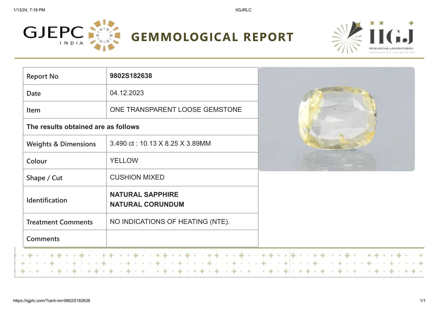 Natural Yellow Sapphire (Pukhraj) 3.49 Carats