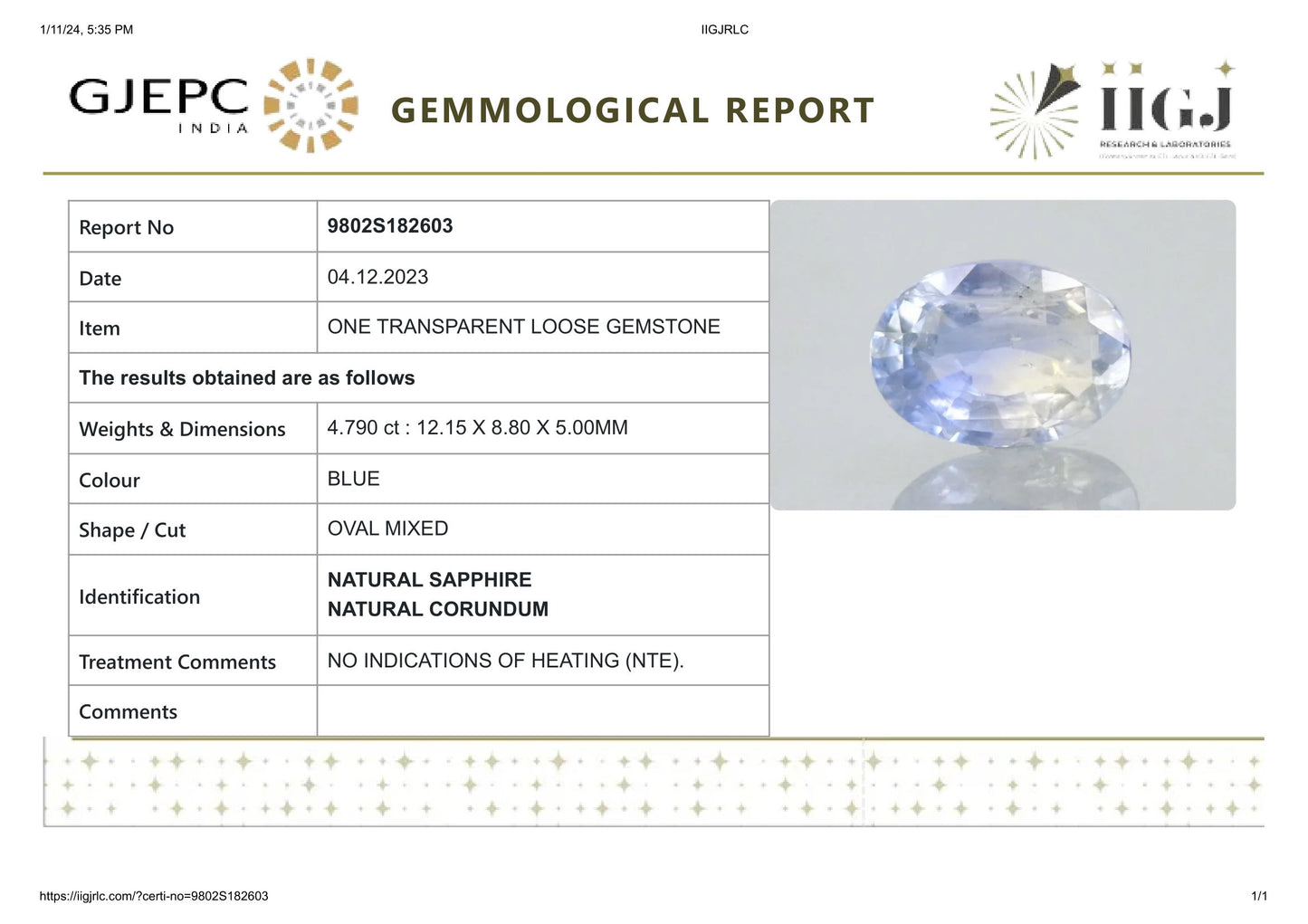 Natural Blue Sapphire (Neelam) 4.79 Carats
