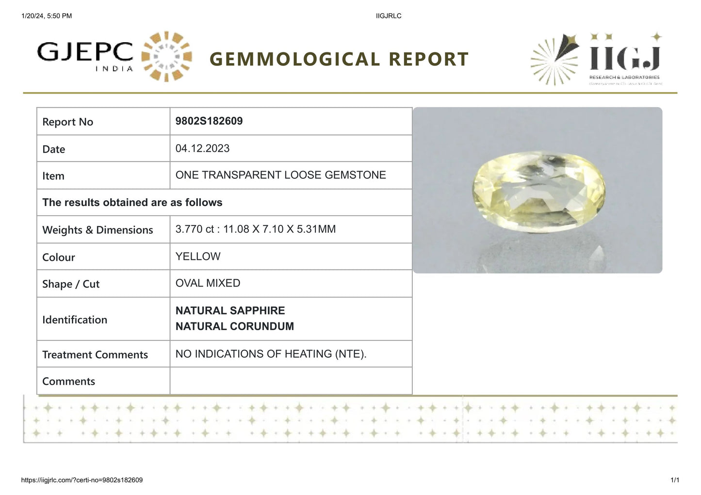 Natural Yellow Sapphire (Pukhraj) 3.77 Carats