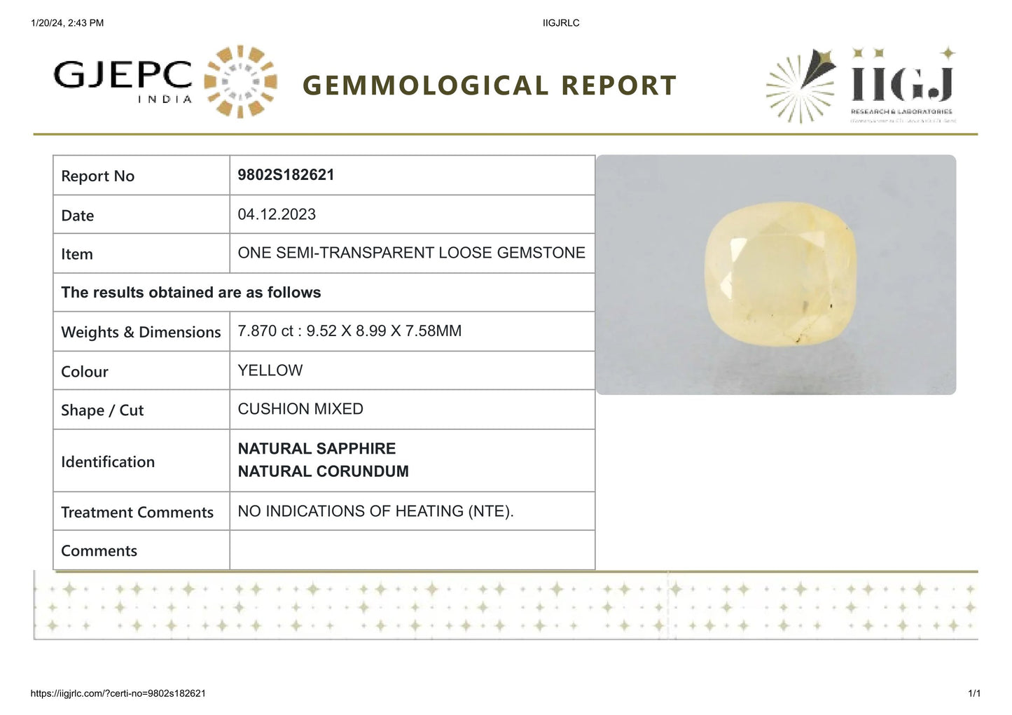Natural Yellow Sapphire (Pukhraj) 7.87 Carats