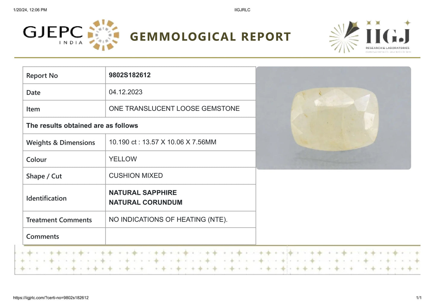 Natural Yellow Sapphire (Pukhraj) 10.19 Carats