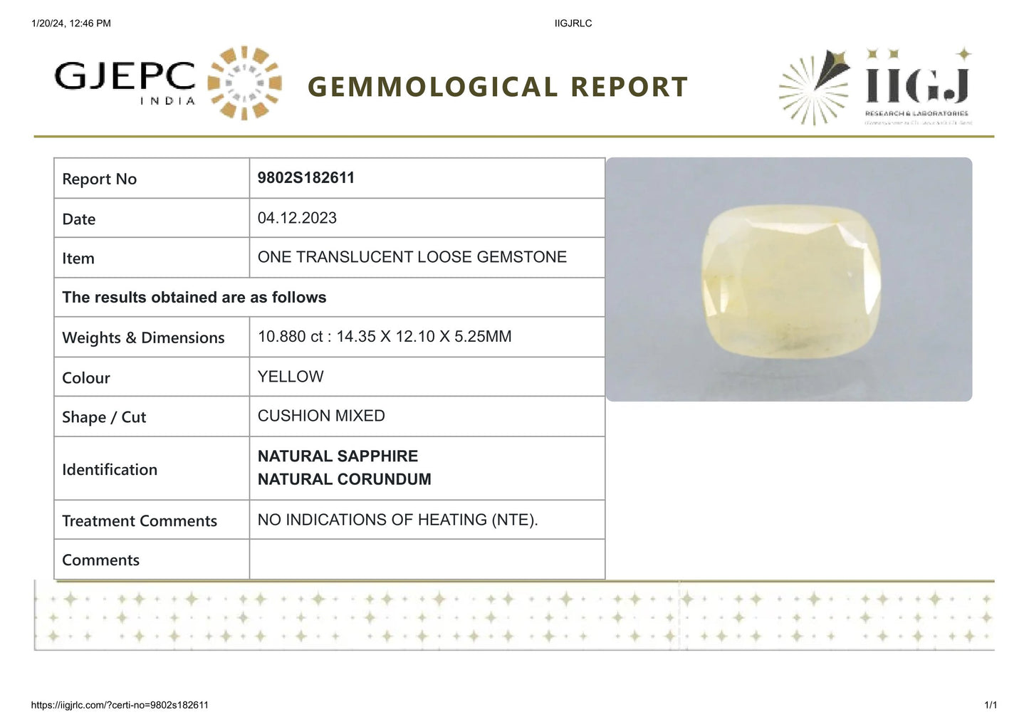 Natural Yellow Sapphire (Pukhraj) 10.88 Carats