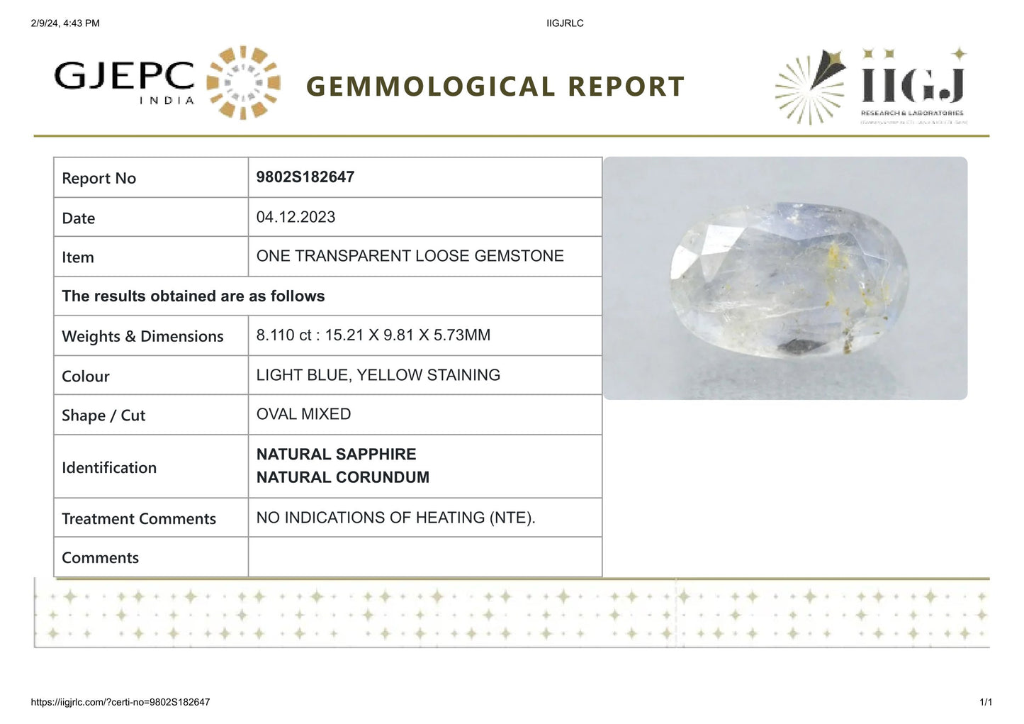 Natural Pitambari 8.11 Carats