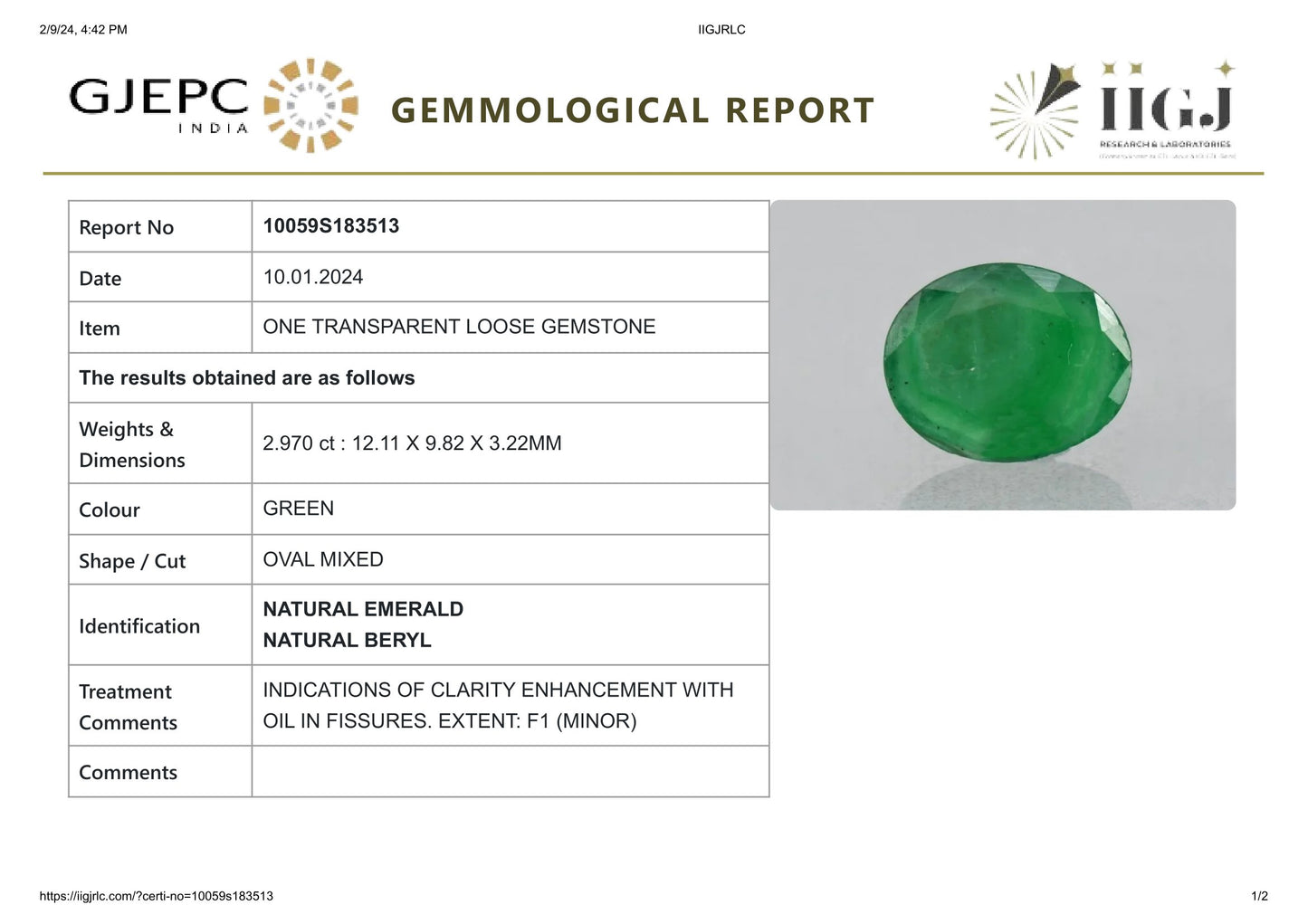 Minor Oil Natural Zambian Emerald (Panna) 2.97 Carats