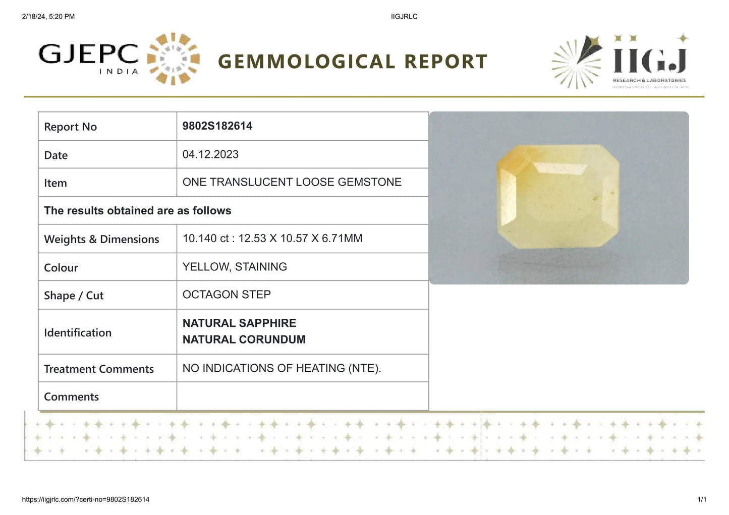 Natural Yellow Sapphire (Pukhraj) 10.14 Carats