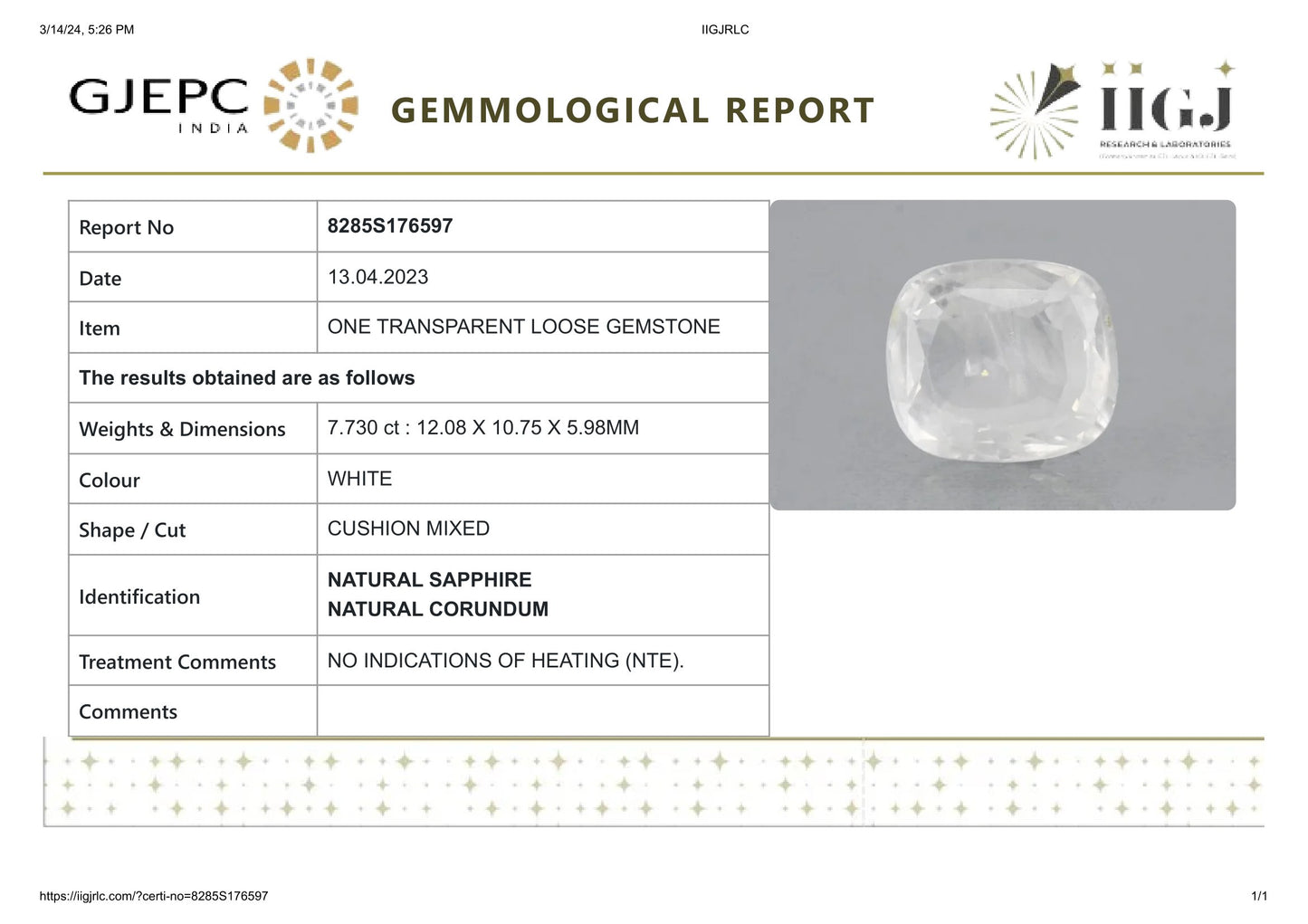 NATURAL WHITE SAPPHIRE 7.73 CARATS