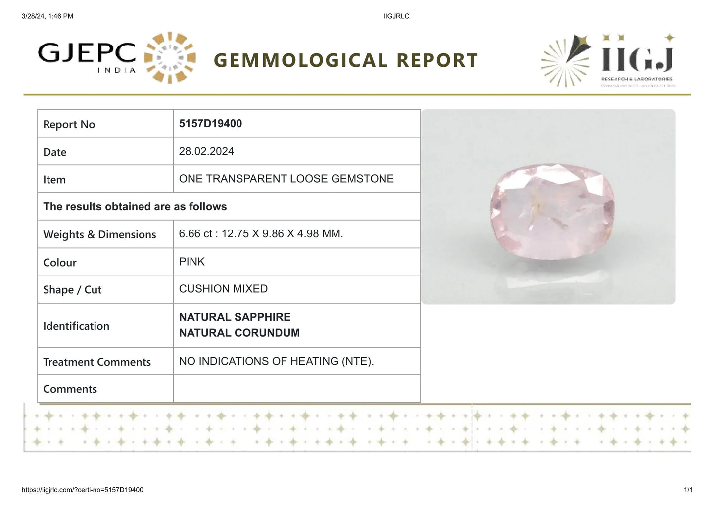Natural Pink Sapphire 6.66 Carats