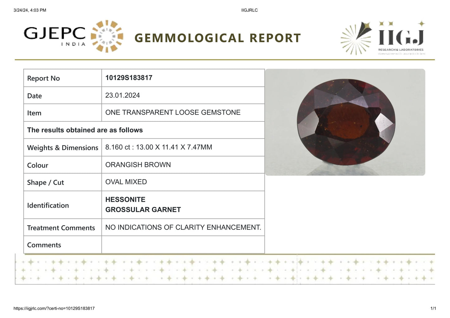 Natural Sri-Lankan Hessonite (Gomed) 8.16 Carats