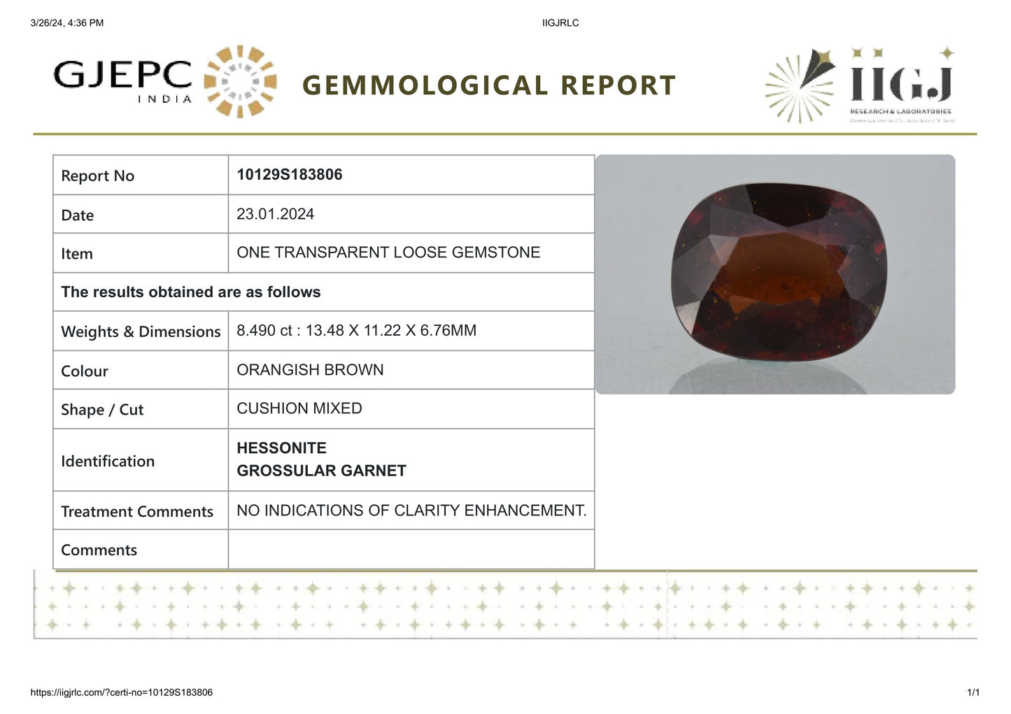 Natural Sri-Lankan Hessonite (Gomed) 8.49 Carats