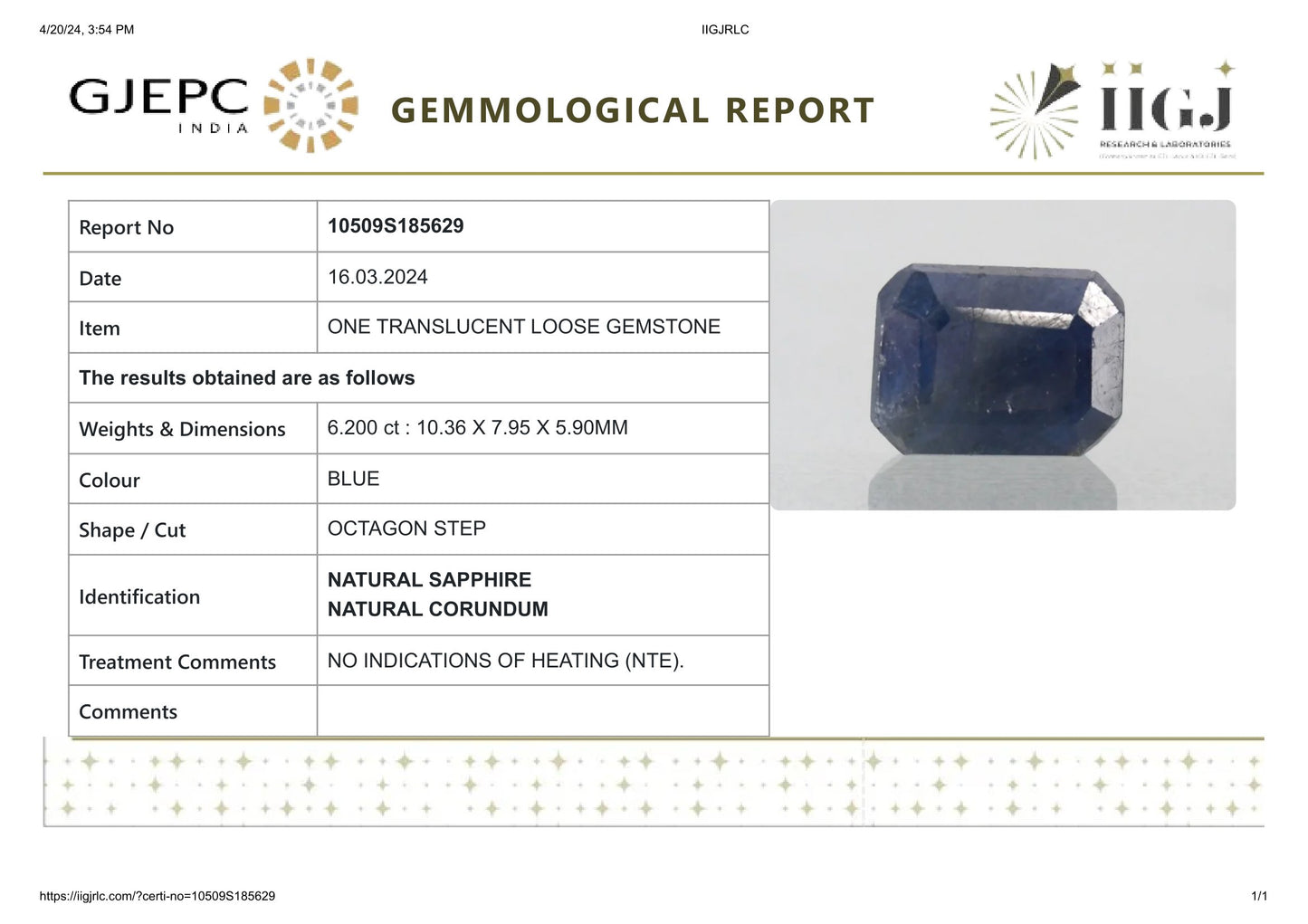 Natural Blue Sapphire (Neelam) 6.20 Carats