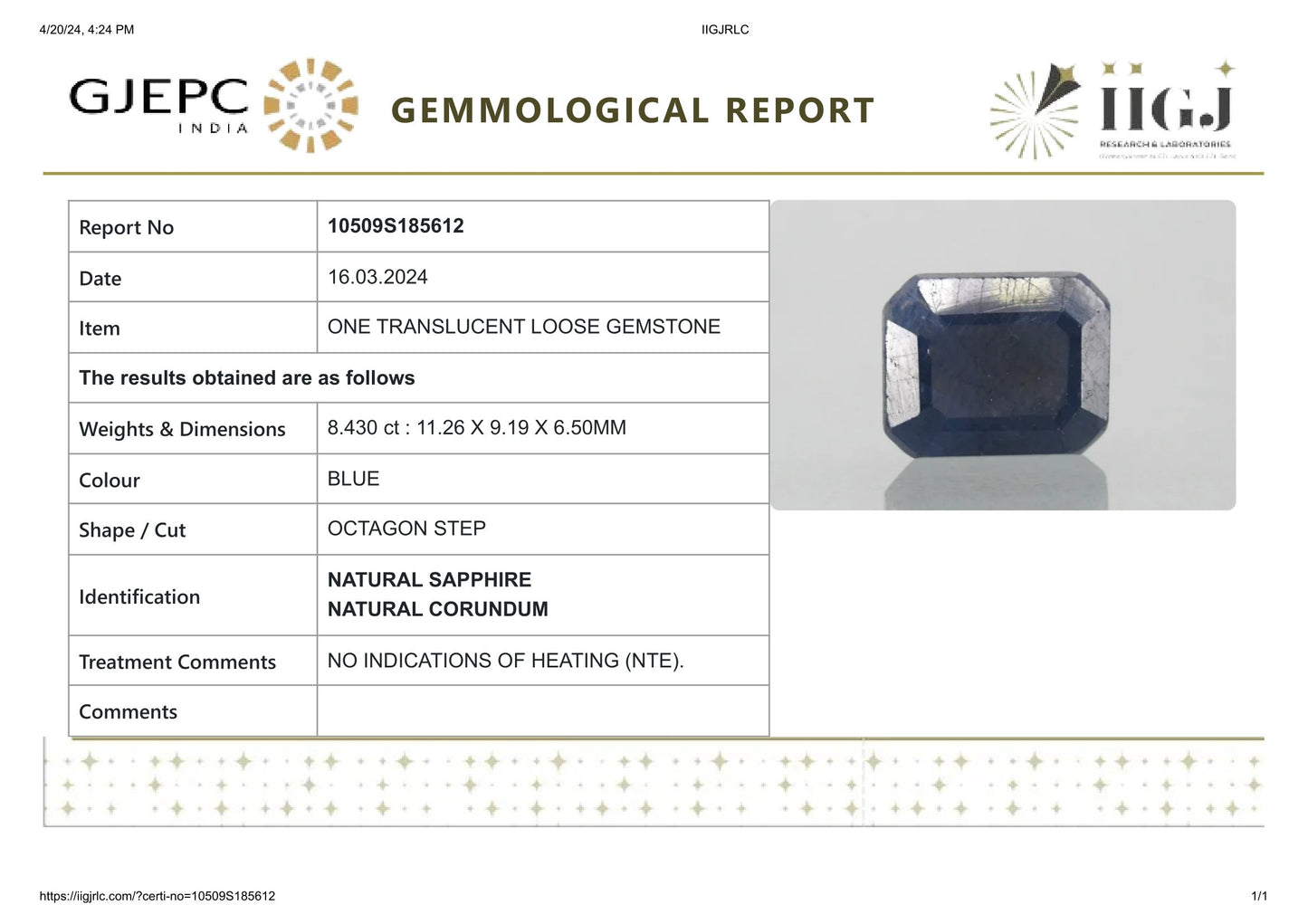 Natural Blue Sapphire (Neelam) 8.43 Carats