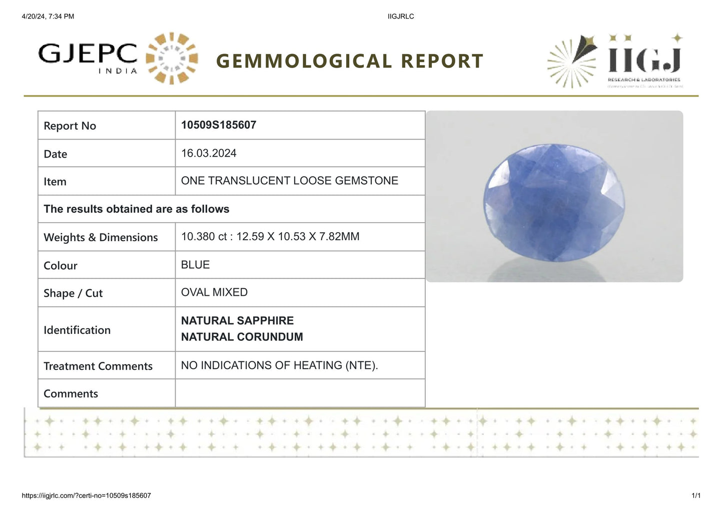 Natural Blue Sapphire (Neelam) 10.38 Carats