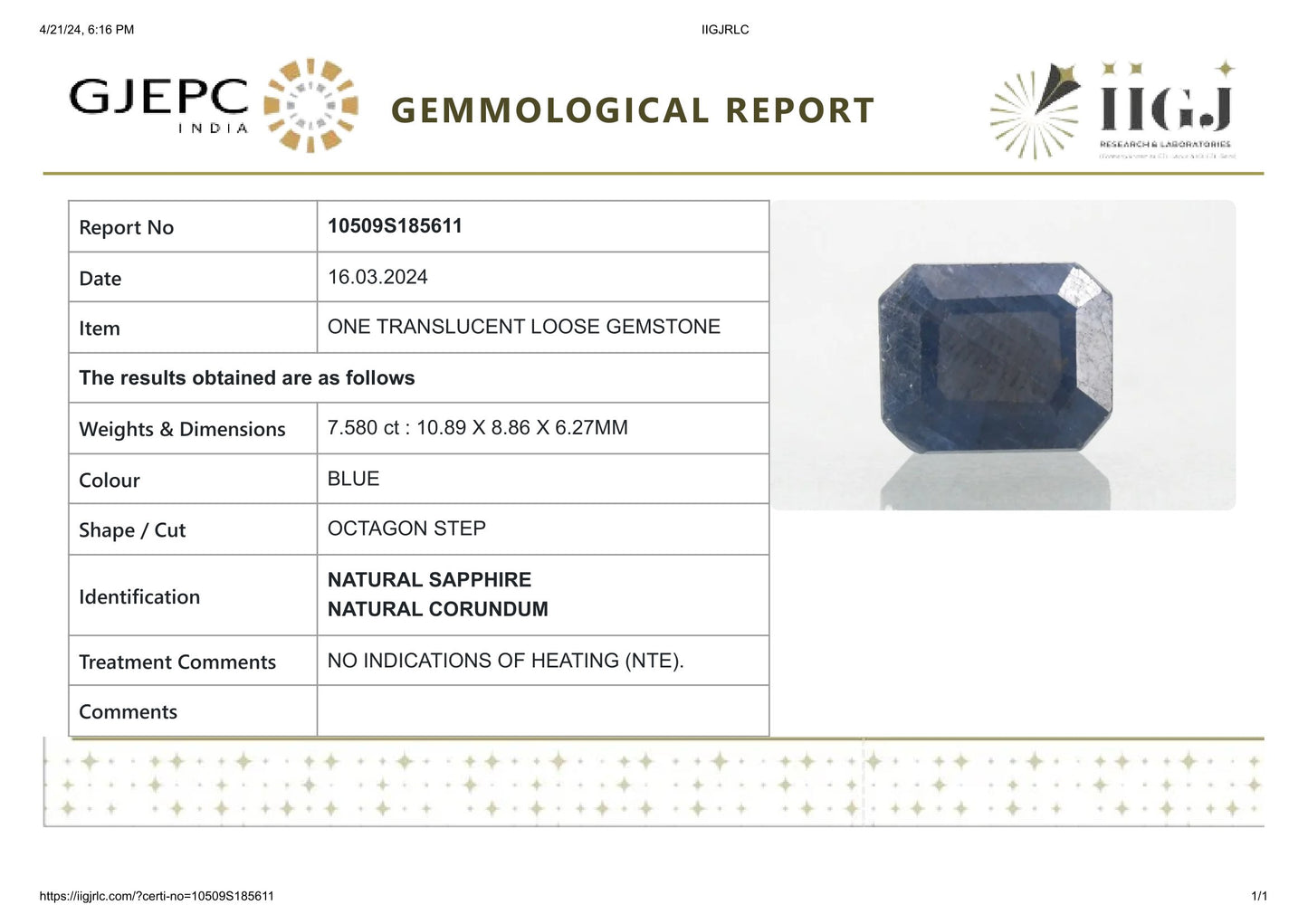 Natural Blue Sapphire (Neelam) 7.58 Carats