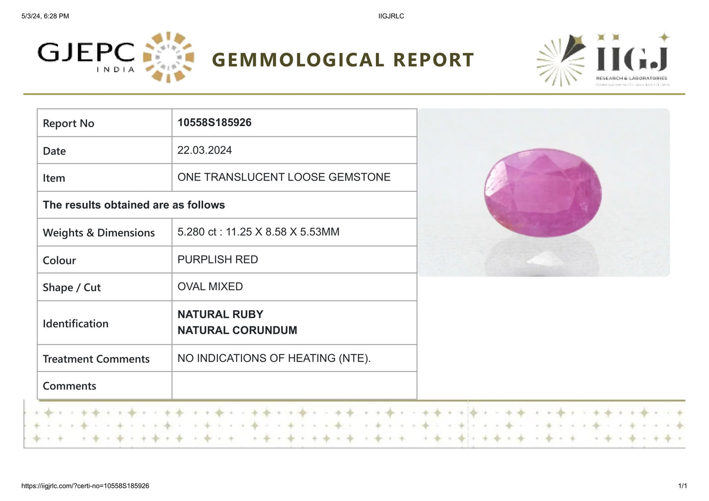 Natural African Ruby (Manik) 5.28 Carats
