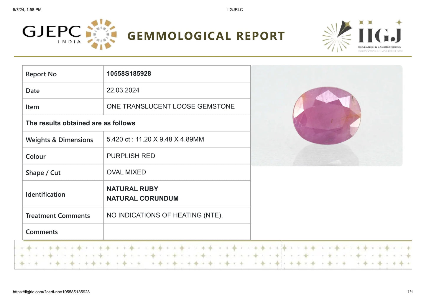 Natural African Ruby (Manik) 5.42 Carats