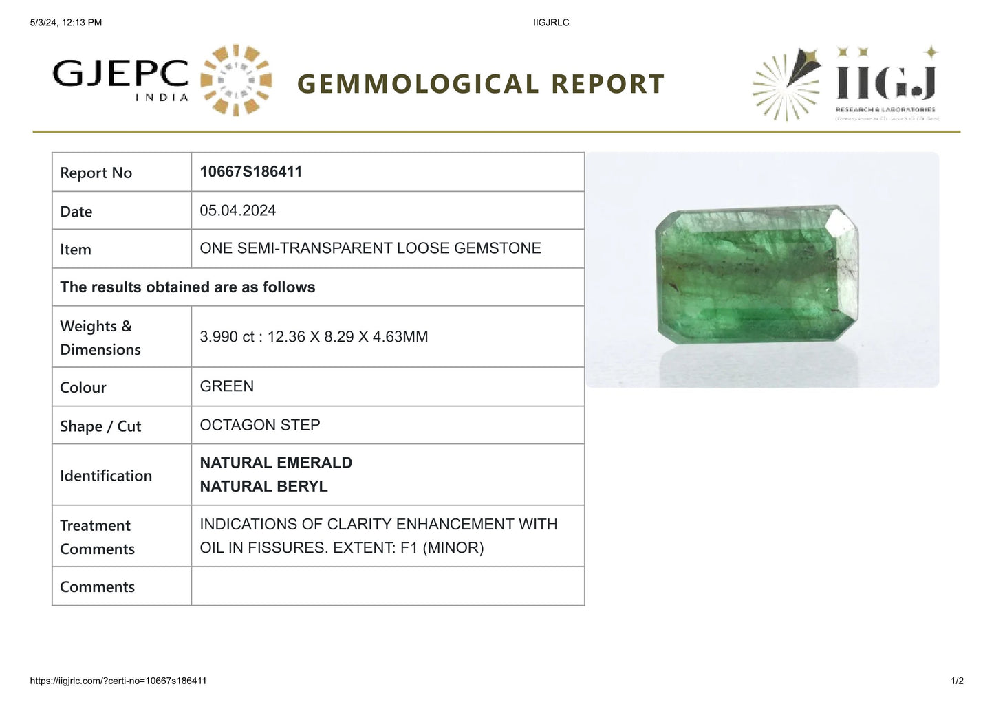 Minor Oil Natural Zambian Emerald (Panna) 3.99 Carats