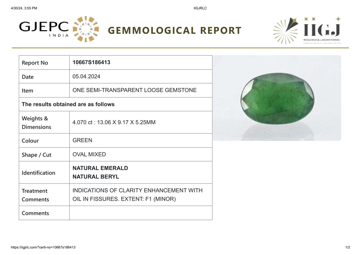 Minor Oil Natural Zambian Emerald (Panna) 4.07 Carats