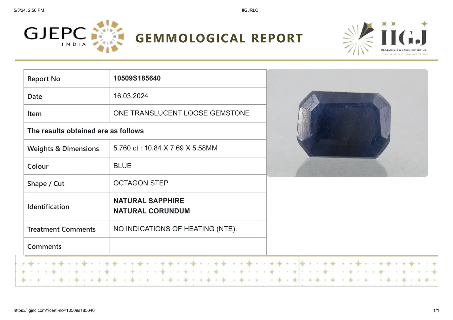 Natural Blue Sapphire (Neelam) 5.76 Carats
