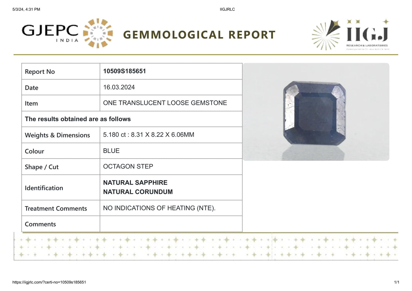 Natural Blue Sapphire (Neelam) 5.18 Carats