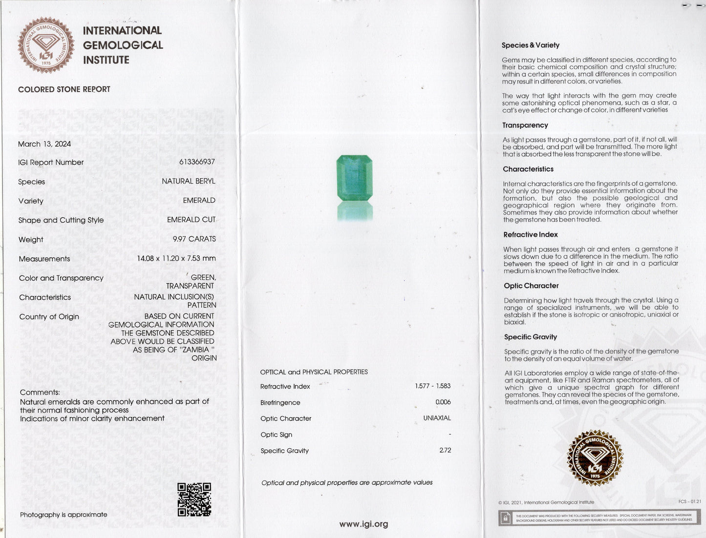 Minor Oil Natural Zambian Emerald (Panna) 9.97 Carats