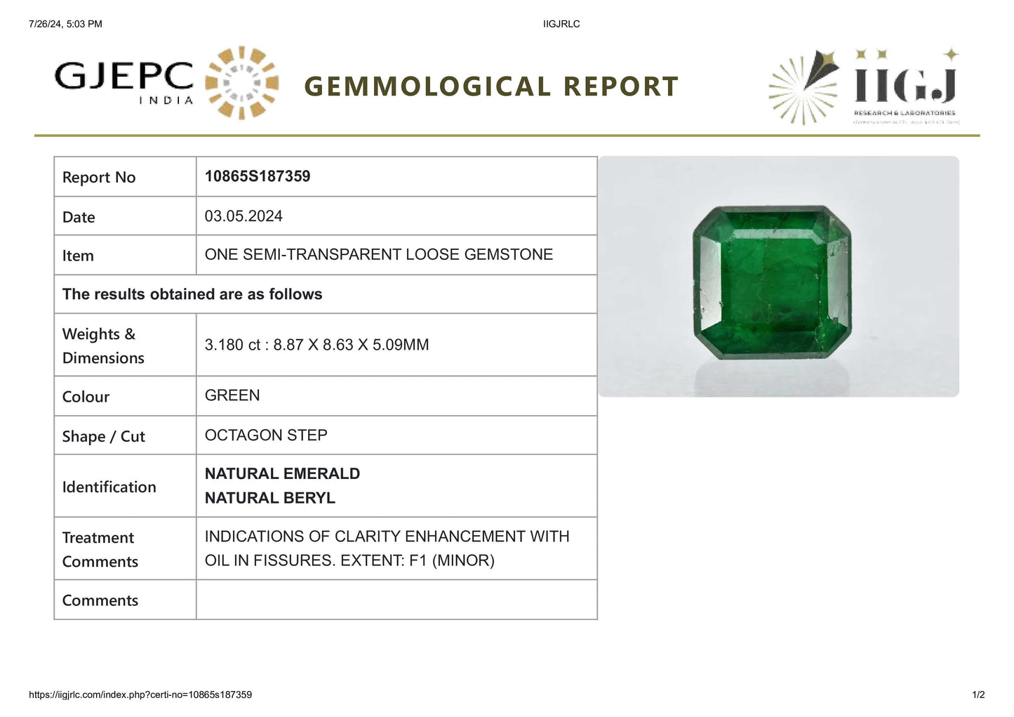 Minor Oil Natural Zambian Emerald (Panna) 3.18 Carats